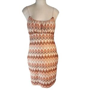 No Comment Boho Knit Bodycon Spaghetti Strap Dress  Sz L  Brown / Cream …